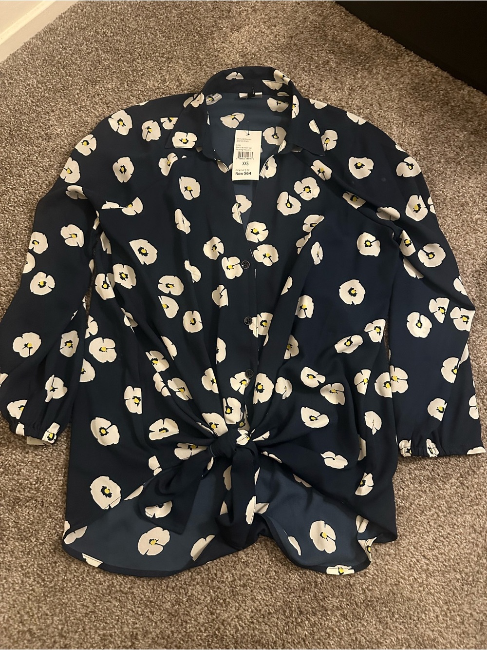 CAbi Navy Floral Tie-Front Blouse